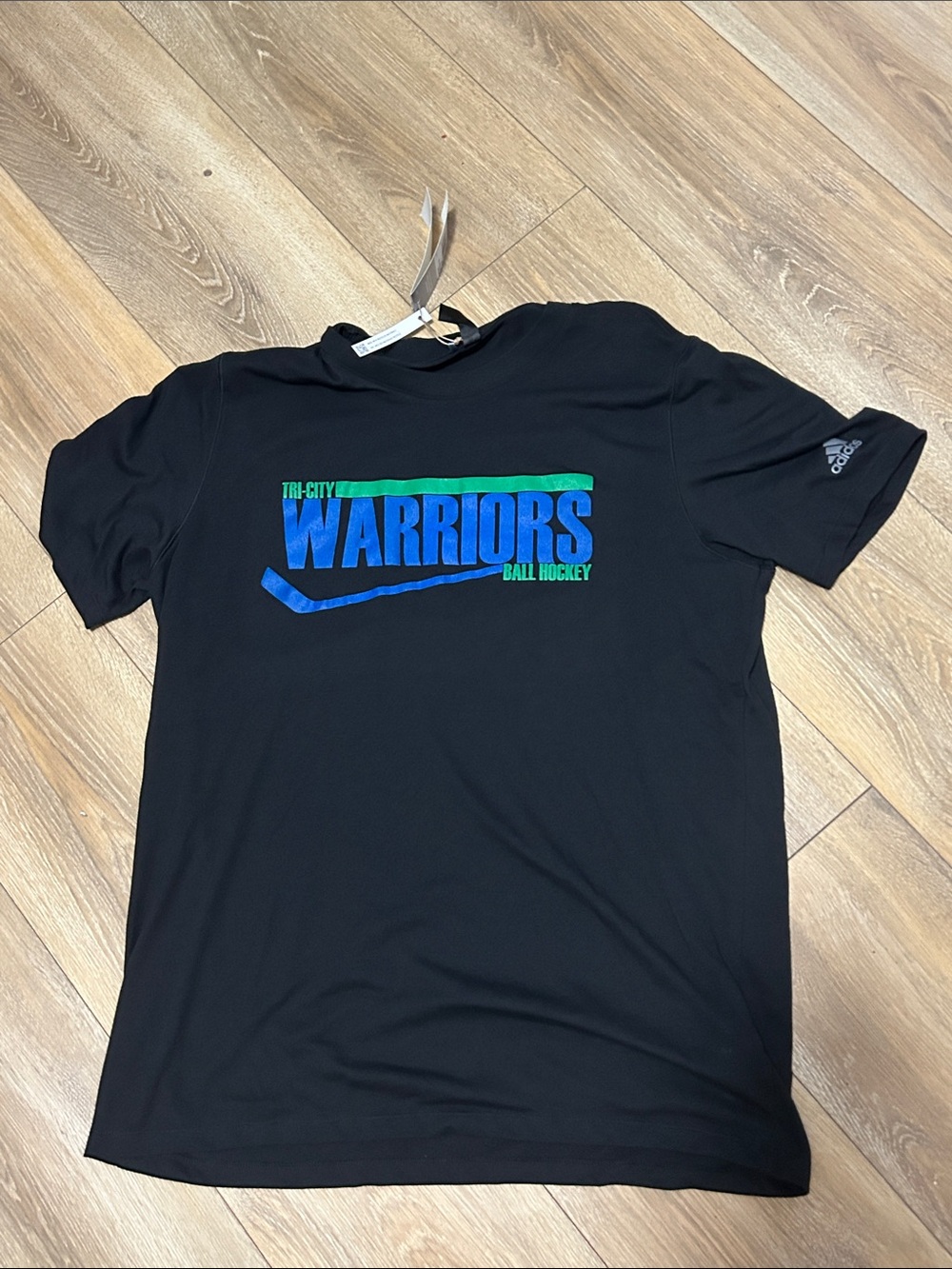 adidas Black Short Sleeve "Warriors" Graphic Tee with Blue & Green Print